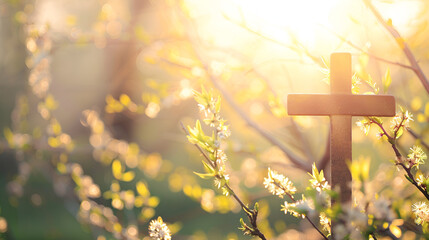 Christian cross with willow branches on a sunny, blurry background of nature. Orthodox Palm Sunday, the Easter holiday. Symbol of Christianity, the Church feast, Lent, and faith in God. banner