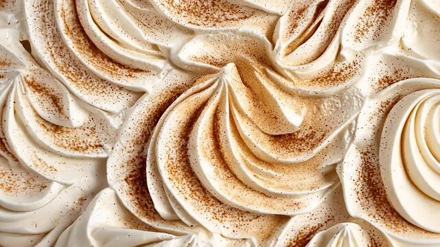 Indulge in the irresistible sweetness of whipped cream with a sprinkle of cinnamon powder. Perfect for festive holiday treats. Creamy swirls create a delicious pattern for gourmet culinary creations