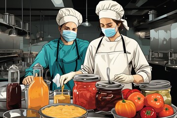 Abstract representation of food safety in food service where chefs and kitchen staff wear protective gear and follow strict sanitation standards to maintain a clean and safe environment