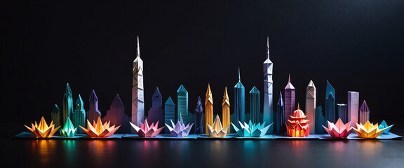 Illustrative depiction of a cityscape or skyline made of paper and designed against a dark background