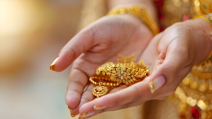 close-up of a woman's hand holding gold ornaments for a loan concept Asset or Gold Loan