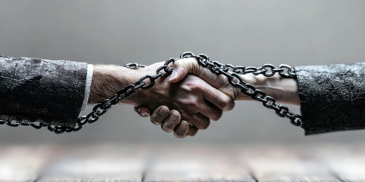 Scales tipping between a handshake and broken chains, symbolizing negotiation for freedom or compromise