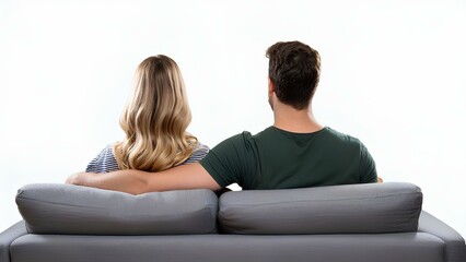 Man and woman relaxing together on sofa hugging. Couple sitting on sofa, back view on transparent background.