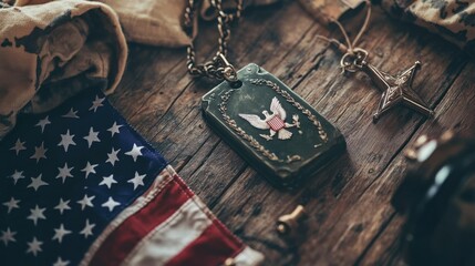 Vintage American military memorabilia with eagle medal, star pendant, and partial American flag on a wooden surface