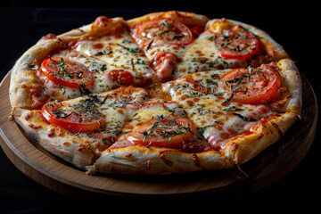 Hot pizza margherita with tomato and many cheese on wooden plate, black background