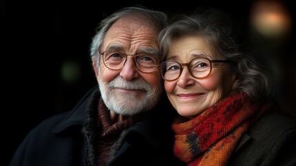 A heartwarming portrait of an elderly couple, showcasing their enduring love and companionship. The couple is seen smiling warmly, reflecting a lifetime of shared experiences and deep connection.
