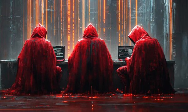 Three hooded figures using computers in a futuristic city