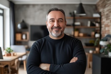 Obraz premium Smiling man standing in a modern kitchen symbolizing confidence warmth and personal success in a professional home environment