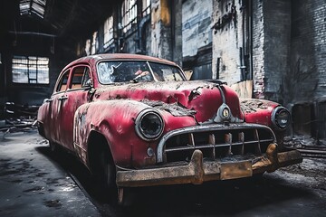 Rusty Red Vintage Car Abandoned in an Old Warehouse