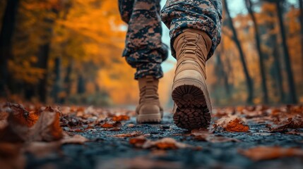 Back view of a soldier walking on a forest path covered with autumn leaves