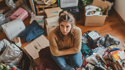 Woman decluttering her large home to prepare for downsizing to a smaller residence.


