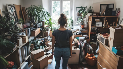 Woman decluttering her large home to prepare for downsizing to a smaller residence.


