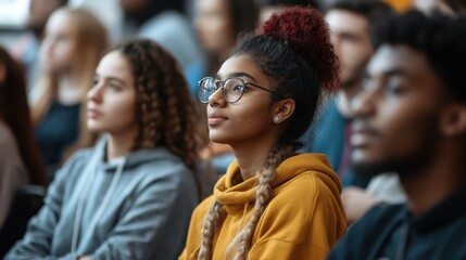 Young diverse students in a lecture hall