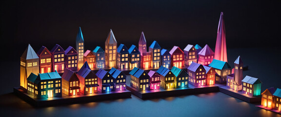 Obraz premium Illustrative depiction of a cityscape or skyline made of paper and designed against a dark background