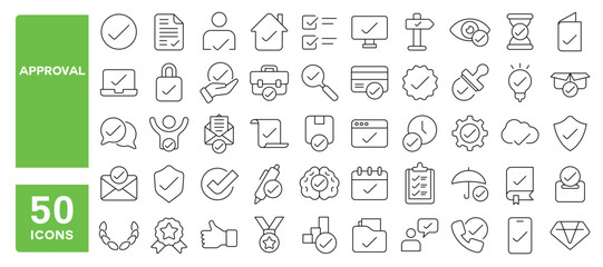 Set of 50 line icons related to approval, check mark, validation, seal, certified, confirmation, confirm, test, quality, correct, verified, true, Editable stroke. Vector illustration