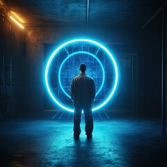 A person stands in front of a glowing portal in a dark, futuristic environment, symbolizing exploration and innovation.
