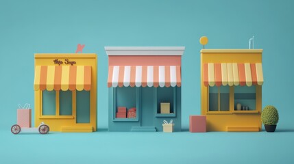 Colorful miniature street shops model on blue background