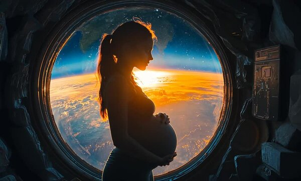 A pregnant woman in a spaceship looks out the window at the Earth and the stars during sunset