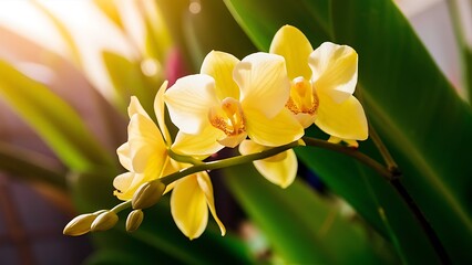 Obraz premium Bright yellow orchid growing on stem in bright sunlight