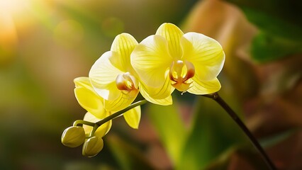 Obraz premium Bright yellow orchid growing on stem in bright sunlight