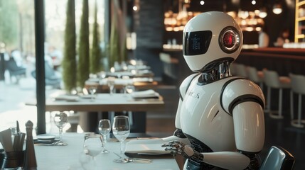 White Robot Serving at a Restaurant Table