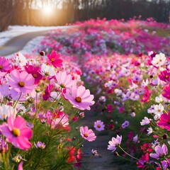Obraz premium Soft And select Focus,A colorful field of Cosmos Flower is planted for visitors to visit the Cosmos Flower in the winter and the Cosmos Field. Flower is also the meeting of couples on Valentine's Day.