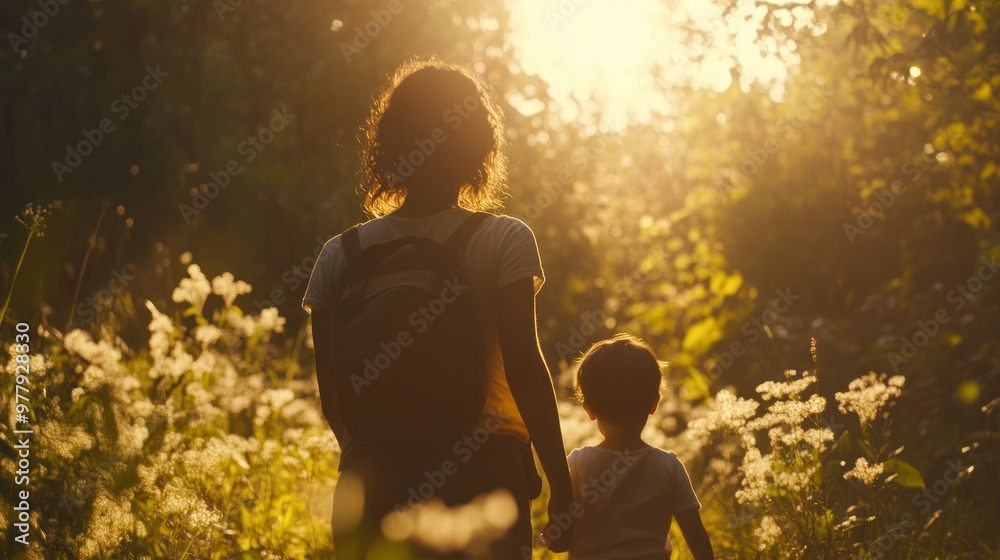 Sticker Silhouette of a woman and child walking in a field with the setting sun in the background