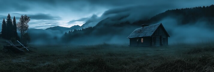An isolated cabin stands in a misty open field, surrounded by rolling terrain and dense trees under overcast skies.