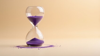Elegant hourglass with purple sand on beige surface symbolizing time management and deadlines