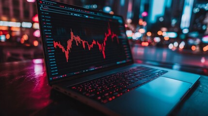 Laptop displaying financial chart with red trendline