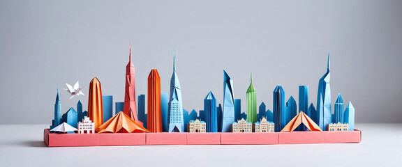 Fototapeta premium Illustrative depiction of a cityscape or skyline made of paper and designed against a bright background