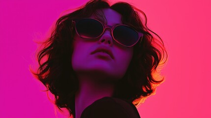 Stylish asian girl in sunglasses poses against a vibrant pink and purple background during a creative photoshoot in an urban setting
