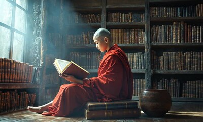 Buddhist Monk Reading in Ancient Library