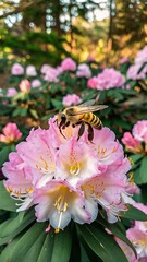 Honey bee on a rhododendron flower getting pollen from the bush and pink florals in Eugene Oregon.