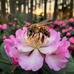 Honey bee on a rhododendron flower getting pollen from the bush and pink florals in Eugene Oregon.