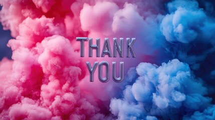 Thank you text on a background of pink and blue smoke
