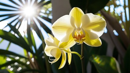Bright yellow orchid growing on stem in bright sunlight