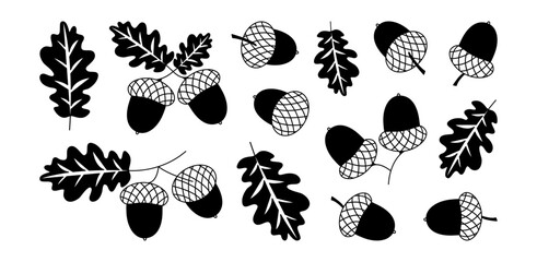 Acorn icon, forest oak nut, autumn or winter leaf and branch. Christmas and New Year decoration set. Nature simple black silhouette isolated on white background. Xmas vector illustration