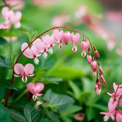 Pretty floral spray of pink bleeding heart vine outdoors with a soft focus background.