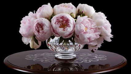 Arrangement of Peony blossoms in a cut glass vase reflecting off table and isolated against black