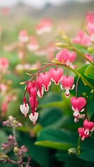 Pretty floral spray of pink bleeding heart vine outdoors with a soft focus background.