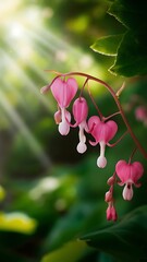 Pretty floral spray of pink bleeding heart vine outdoors with a soft focus background.