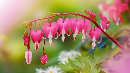 Pretty floral spray of pink bleeding heart vine outdoors with a soft focus background.