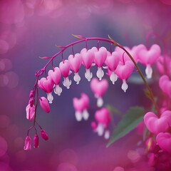 Pretty floral spray of pink bleeding heart vine outdoors with a soft focus background.