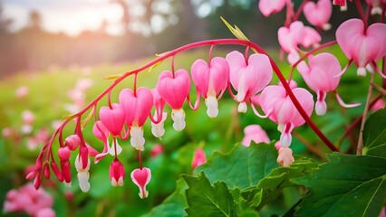 Pretty floral spray of pink bleeding heart vine outdoors with a soft focus background.