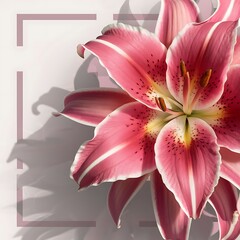 Pink stargazer lily flower with whitespace and subtle shadow. Ideal for a template or border.