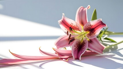 Pink stargazer lily flower with whitespace and subtle shadow. Ideal for a template or border.