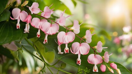 Pretty floral spray of pink bleeding heart vine outdoors with a soft focus background.