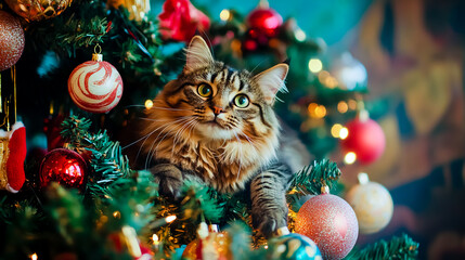 Obraz premium A cat sitting on top of a decorated Christmas tree.