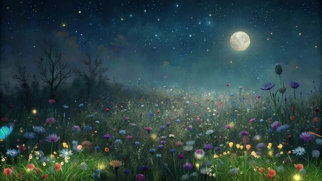 A field of flowers with a full moon in the sky